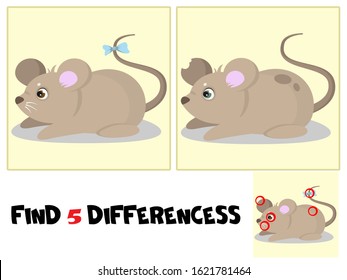 Education game for children `Find 5 differences`; cute mouses; vector illustration.