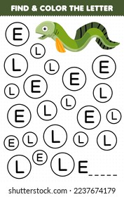 Education game for children find and color letter E for eel printable underwater worksheet