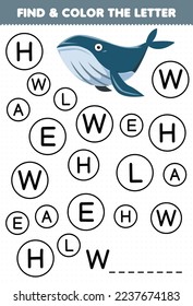 Education game for children find and color letter W for whale printable underwater worksheet