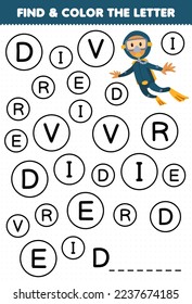 Education game for children find and color letter D for diver printable underwater worksheet
