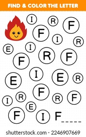 Education game for children find and color letter F for fire printable nature worksheet