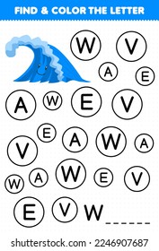Education game for children find and color letter W for wave printable nature worksheet