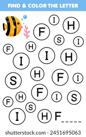 Education game for children find and color letter F for fish printable pet worksheet