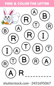 Education game for children find and color letter R for rabbit printable pet worksheet