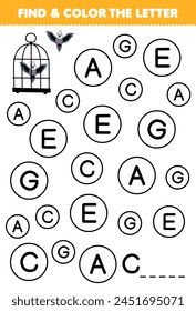 Education game for children find and color letter C for bird cage printable pet worksheet