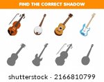 Education game for children find the correct shadow set of cartoon music instrument violin banjo guitar bass