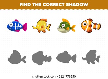 Education Game For Children Find The Correct Shadow Set Of Cute Fish