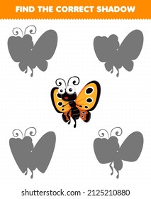 Education game for children find the correct shadow set of cute butterfly