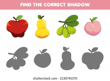 Education game for children find the correct shadow set of cartoon fruits apple pear olive peach