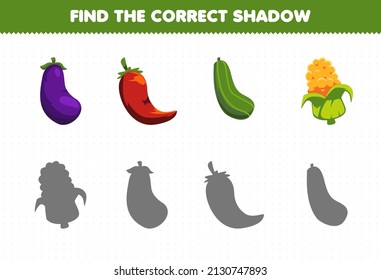 Education game for children find the correct shadow set of cartoon vegetables eggplant chilli cucumber corn