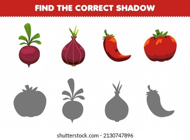 Education game for children find the correct shadow set of cartoon red vegetables beet shallot chilli tomato