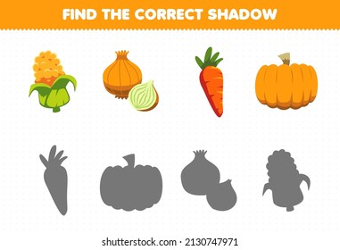 Education game for children find the correct shadow set of cartoon yellow vegetables corn onion carrot pumpkin