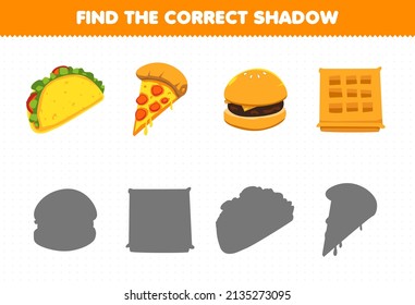 Education game for children find the correct shadow set of cartoon food and snack taco pizza burger waffle