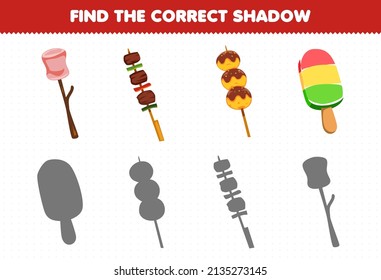 Education game for children find the correct shadow set of cartoon food and snack marshmallow yakitori takoyaki popsicle