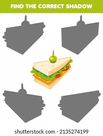 Education game for children find the correct shadow set of cartoon sandwich