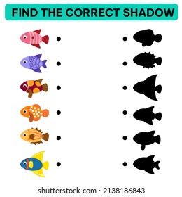Education game for children find the correct shadow set of cute fish. Matching game, education game for children