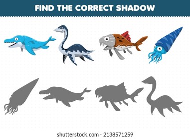 Education game for children find the correct shadow set of cute cartoon prehistoric water dinosaur