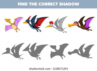 Education game for children find the correct shadow set of cute cartoon prehistoric flying dinosaur