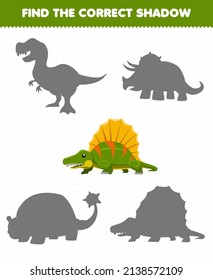 Education game for children find the correct shadow set of cute cartoon prehistoric dinosaur dimetrodon