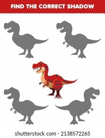 Education game for children find the correct shadow set of cute cartoon prehistoric dinosaur tyrannosaurus