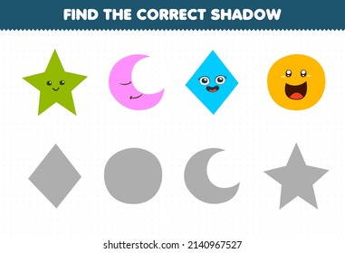 Education game for children find the correct shadow set of cute cartoon geometric shape star crescent rhombus circle