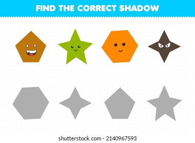 Education Game For Children Find The Correct Shadow Set Of Cute Cartoon Geometric Shape Pentagon Star Hexagon