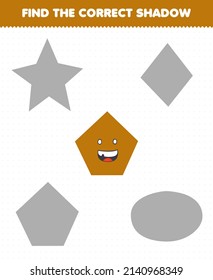 Education game for children find the correct shadow set of cute cartoon geometric shape pentagon