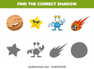 Education game for children find the correct shadow set of cute cartoon solar system planet star alien comet