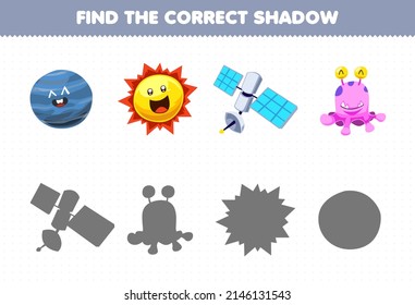 Education game for children find the correct shadow set of cute cartoon solar system neptune planet sun satellite alien