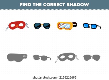 Education game for children find the correct shadow set of cartoon wearable clothes mask sunglasses glasses goggles