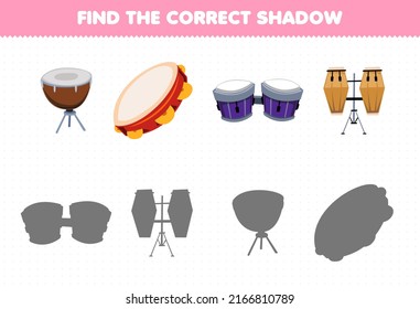 Education game for children find the correct shadow set of cartoon music instrument drum bango conga tambourine