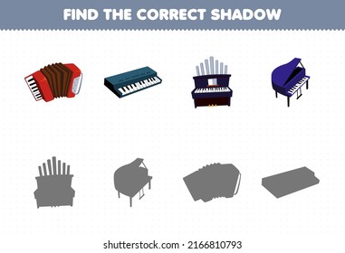 Education game for children find the correct shadow set of cartoon music instrument accordion keyboard organ piano
