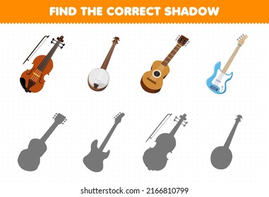 Education game for children find the correct shadow set of cartoon music instrument violin banjo guitar bass