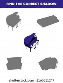 Education game for children find the correct shadow set of cartoon music instrument piano