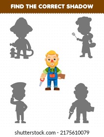 Education game for children find the correct shadow set of cute cartoon profession carpenter printable worksheet