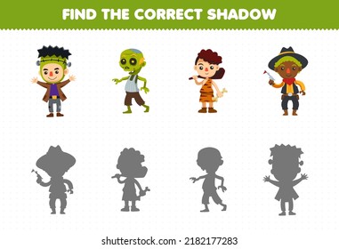 Juego de educación para los niños encuentra la sombra correcta del lindo dibujo animado frankenstein zombie cavernícola vestuario de vaqueros halloween hoja de cálculo imprimible