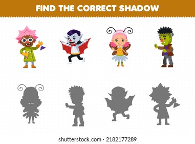 Education game for children find the correct shadow set of cute cartoon scientist dracula frankenstein costume halloween printable worksheet