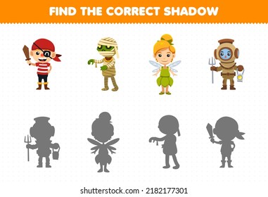 Education game for children find the correct shadow set of cute cartoon pirate boy mummy fairy girl costume halloween printable worksheet