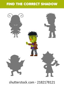 Education game for children find the correct shadow set of cute cartoon frankenstein costume halloween printable worksheet