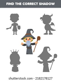 Education game for children find the correct shadow set of cute cartoon wizard costume halloween printable worksheet