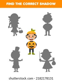 Education game for children find the correct shadow set of cute cartoon pumpkin boy costume halloween printable worksheet