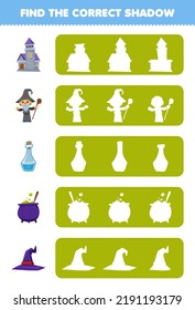 Education Game For Children Find The Correct Shadow Silhouette Of Cute Cartoon Castle Wizard Potion Bottle Cauldron Hat Halloween Printable Worksheet