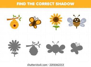 Education game for children find the correct shadow set of cute cartoon beehive butterfly sunflower bee printable farm worksheet