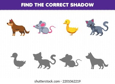 Education game for children find the correct shadow set of cute cartoon dog mouse duck cat printable farm worksheet