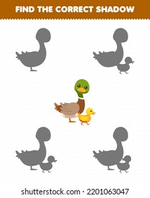 Education game for children find the correct shadow set of cute cartoon duck and duckling printable farm worksheet