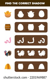 Education game for children find the correct shadow silhouette of cute cartoon chick barrel worm turkey haystack printable farm worksheet