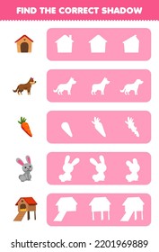 Erziehungsspiel für Kinder findet die richtige Schattensilhouette süßer Cartoon Zwinger Karottenhase Hutch druckbare Farm-Arbeitsblatt