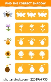 Education game for children find the correct shadow silhouette of cute cartoon bee flower beehive sunflower honey printable farm worksheet