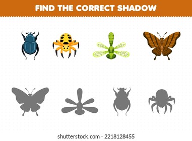 Education game for children find the correct shadow set of cute cartoon beetle spider dragonfly butterfly printable bug worksheet