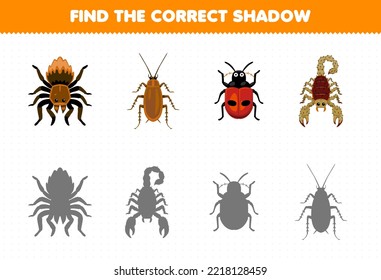 Education game for children find the correct shadow set of cute cartoon spider cockroach ladybug scorpion printable bug worksheet